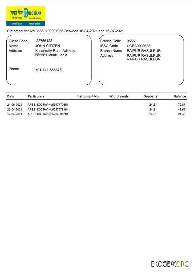 Relevé de la banque Uco en Inde